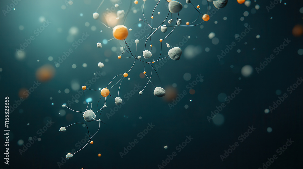Poster visually balanced 3d representation of abstract particles in motion, showcasing vibrant colors and i
