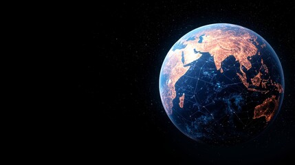 Fototapeta premium A stunning view of Earth from space, highlighting continents and city lights against a dark void, showcasing the planet's beauty and interconnectedness.