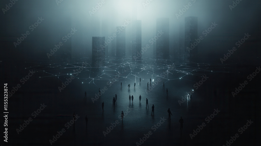 Poster futuristic scene depicting digital hub with tall structures and interconnected figures, evoking sens