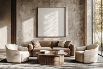 Modern Living Room Interior with Beige Armchairs, Brown Sofa, and Blank Canvas