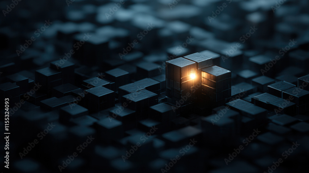 Poster 3d illustration of structured teamwork with glowing elements in dark cubes