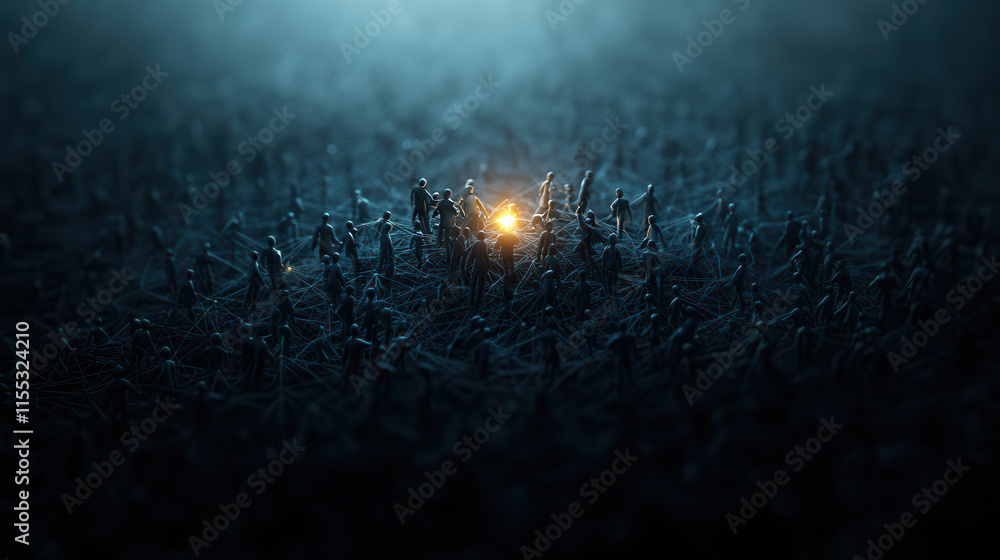 Poster 3d illustration of structured teamwork with glowing light in center, symbolizing collaboration and u