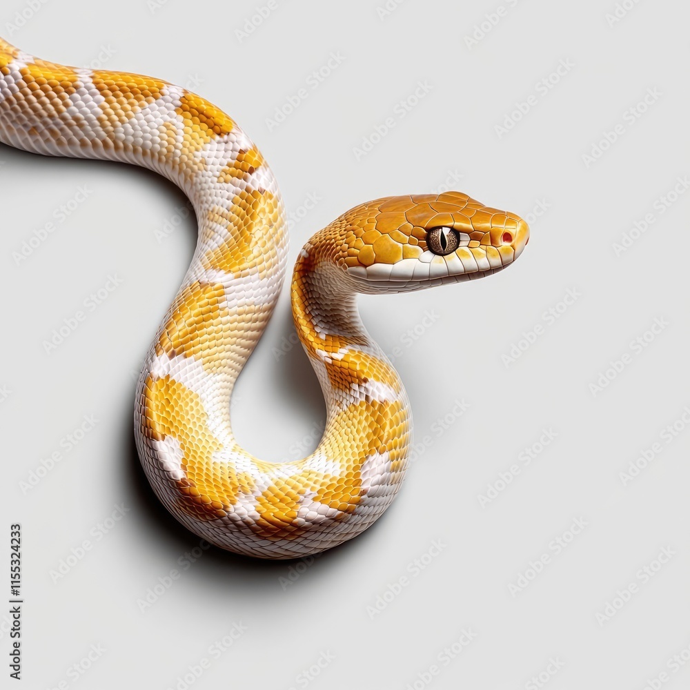 Poster stunning close-up of a vibrant yellow and white snake gracefully coiling on a light gray background 
