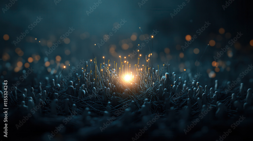 Poster glowing light emerges from field of grass like structures, creating magical atmosphere