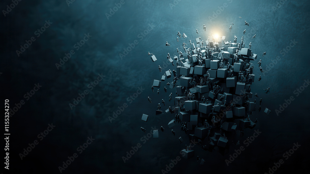 Poster 3d illustration of teamwork with people and boxes, symbolizing collaboration and unity in structured