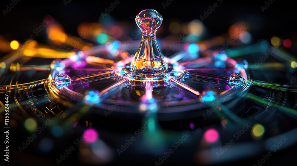 Poster vibrant hub and spoke model featuring glass piece at center, illuminated by colorful lights, creatin