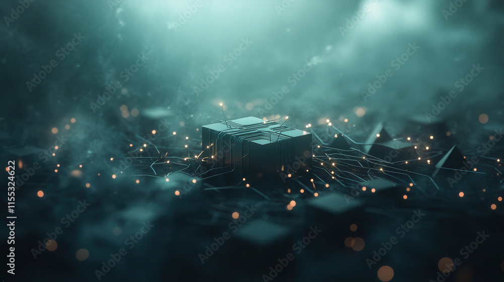 Poster futuristic 3d abstract network with glowing elements and misty background