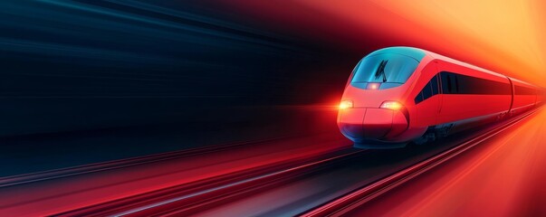 A vibrant, futuristic train speeding along a track, surrounded by dynamic light trails in shades of red and blue, conveying motion and energy.