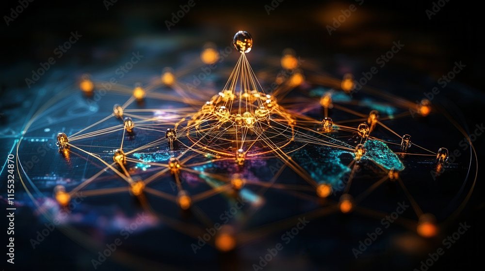 Poster digital network model showcasing interconnected nodes and clusters, symbolizing leadership and colla