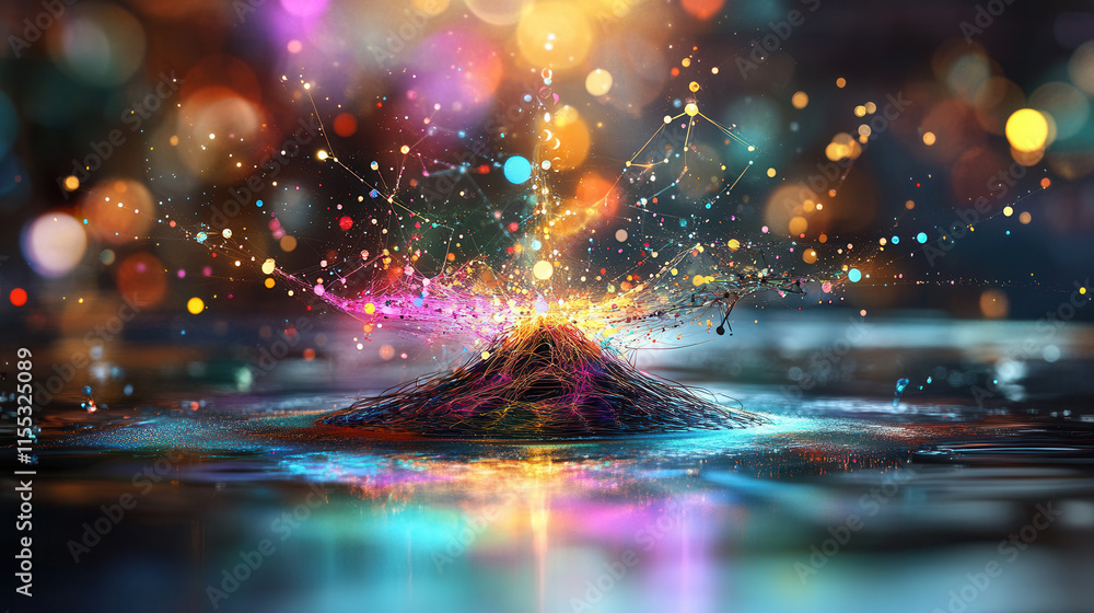 Poster vibrant abstract visualization of colorful particles and lights creating dynamic explosion effect in reflective water surface