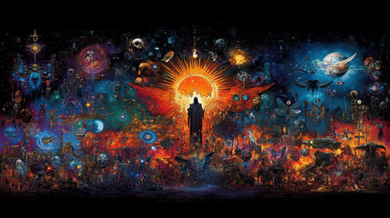 This vibrant artwork features central figure surrounded by multitude of intricate designs, symbols, and celestial elements, evoking sense of