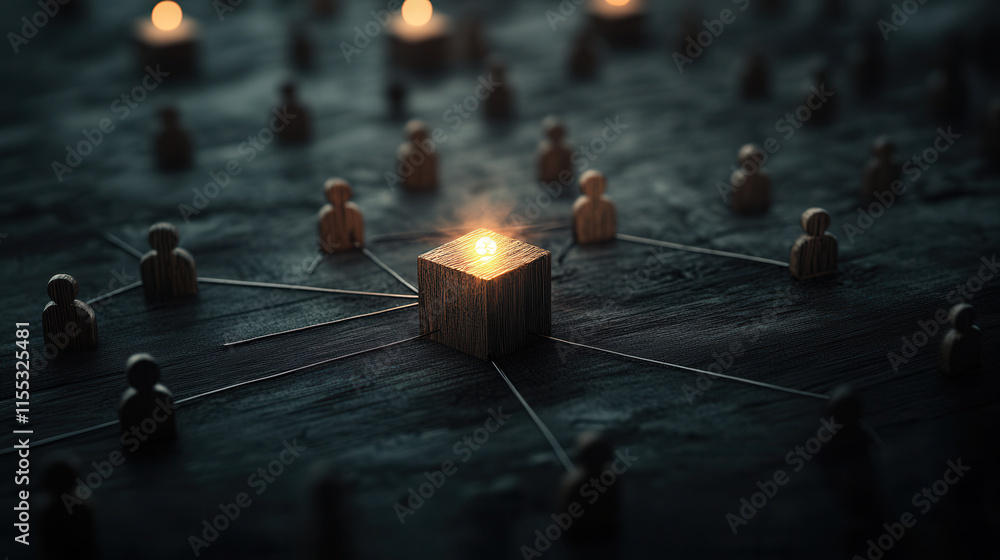 Poster glowing cube surrounded by wooden figures symbolizes connection and influence. scene evokes sense of