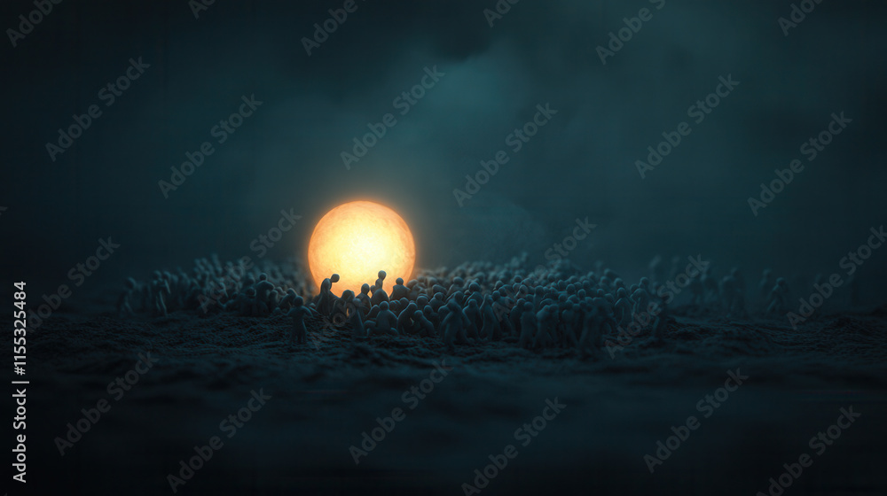 Poster surreal scene depicting crowd of small figures gathered around glowing orb, creating mystical atmosp