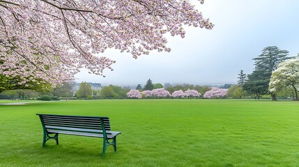 Serene Spring Park Bench  Cherry Blossoms  Green Grass