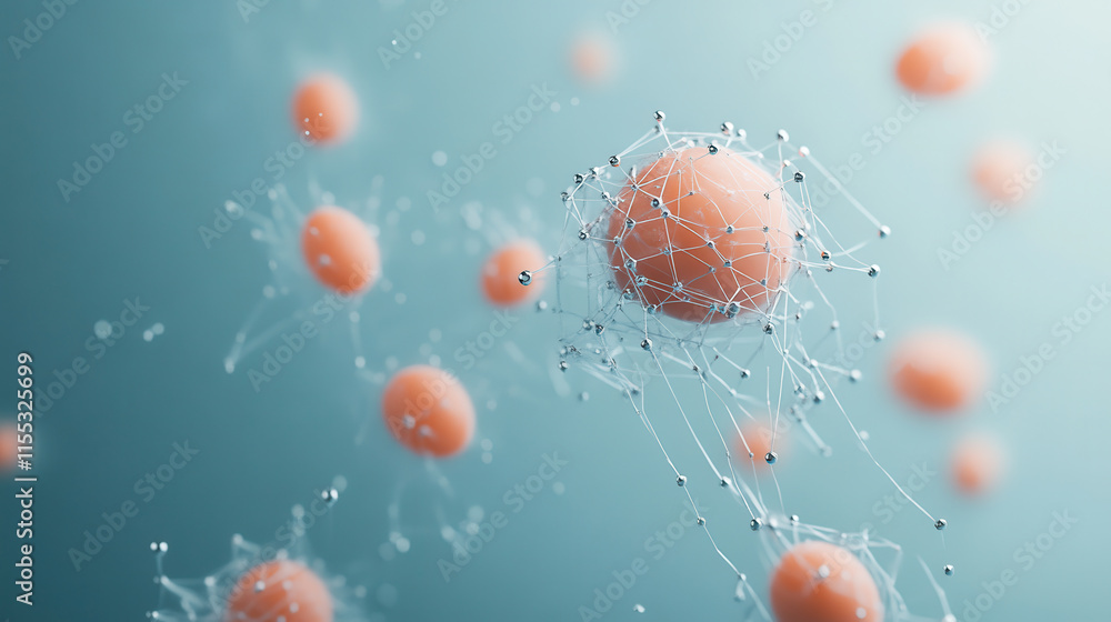 Poster abstract network of interconnected spheres and nodes, representing molecular structures and connecti