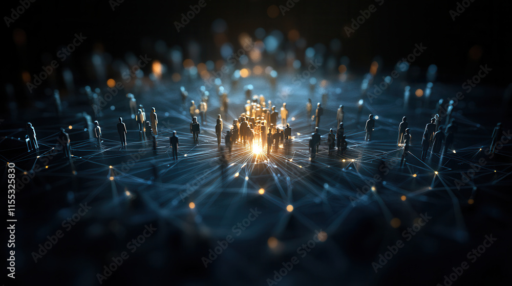 Poster digital network of interconnected figures symbolizes centralized communication, showcasing vibrant c