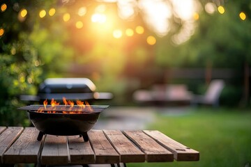 Summer time in backyard with wooden table, grill BBQ and blurred background 