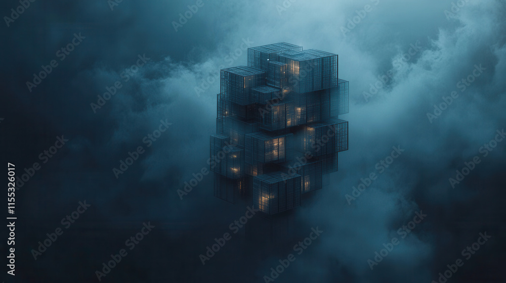 Poster surreal 3d structure surrounded by dark clouds, illuminated from within