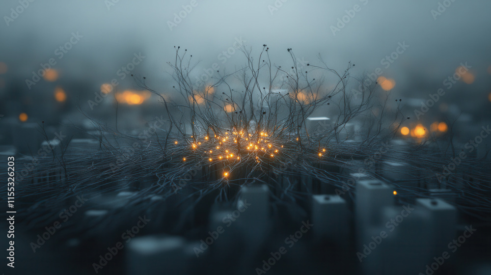 Poster 3d abstract representation of interconnected nodes and glowing lights, symbolizing influence and con