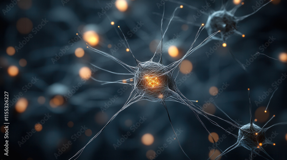 Poster 3d abstract representation of neurons with glowing connections, showcasing intricate details and dar