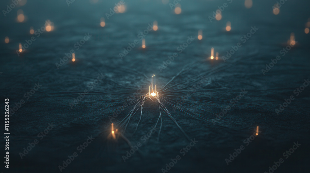Poster 3d abstract representation of glowing lights on dark surface, creating mystical atmosphere