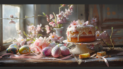 Sweet cake and Easter eggs in pastel colors representing holiday