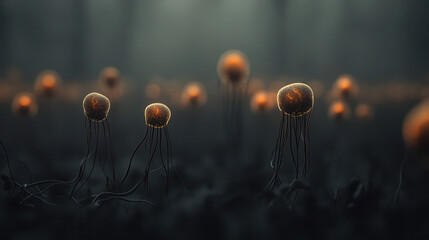 surreal scene featuring glowing jellyfish like creatures in dark environment, creating otherworldly atmosphere
