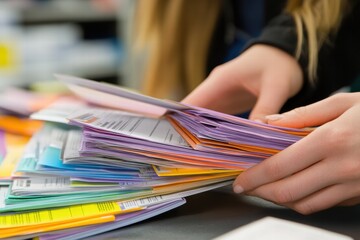 Woman Sorting Through Colorful Paperwork