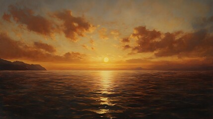 Stunningly Realistic Oil Painting: Golden Sunset Over Calm Ocean. AI Generated