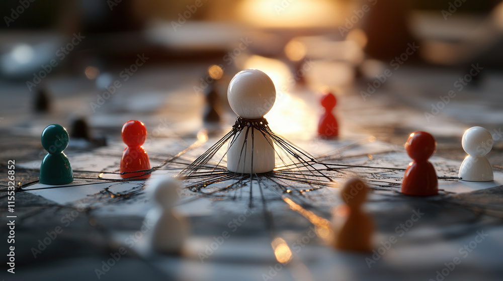 Poster dynamic teamwork concept with figures connected by lines, symbolizing collaboration and strategy