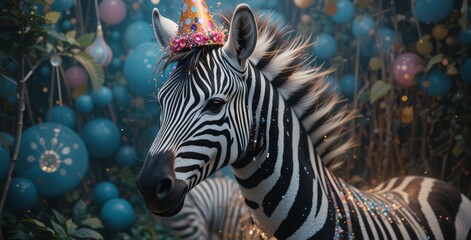 zebra wearing a party hat in a surreal forest