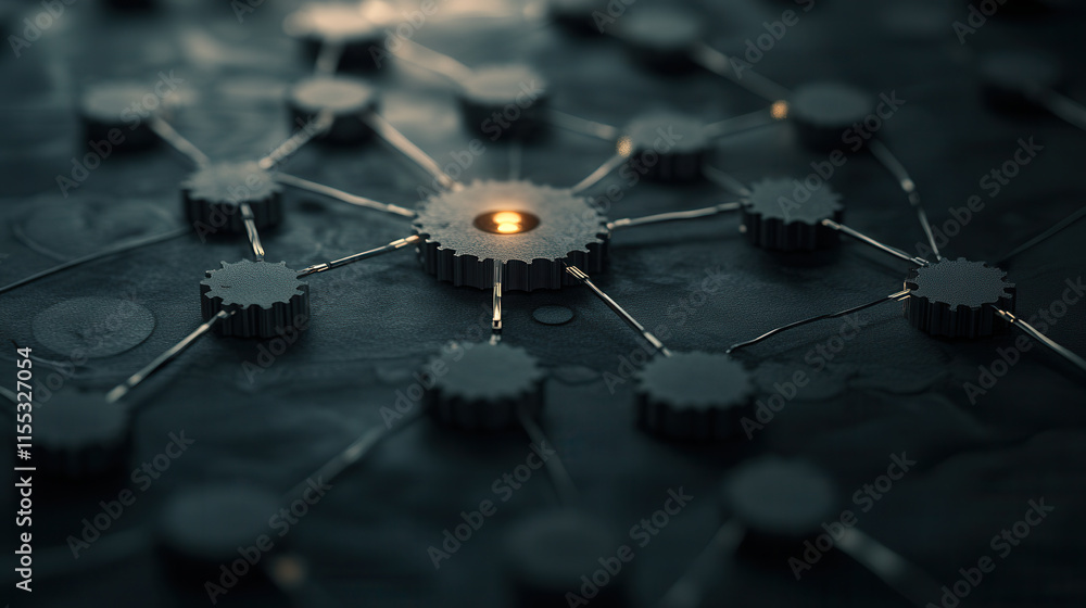 Poster layered 3d network with interconnected gears and glowing center, symbolizing connectivity and techno