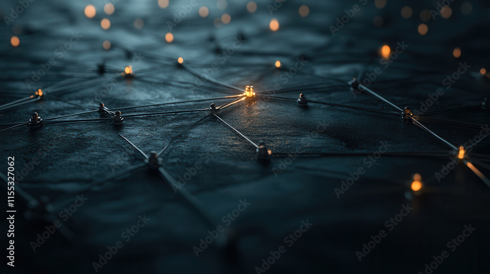 Poster layered 3d network with glowing nodes on dark surface creates captivating visual