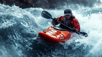 Fearless Kayaker Navigating Intense Whitewater Rapids with Determined Focus