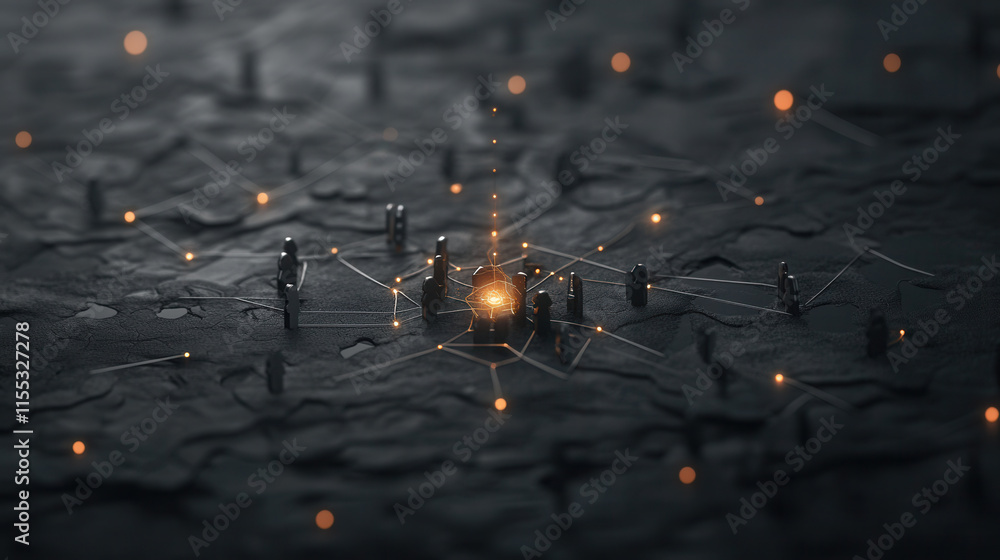 Poster layered 3d network with glowing nodes and connections on dark surface