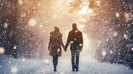 Fototapeta premium Romantic couple walking hand-in-hand in a snowy winter wonderland, bathed in golden sunlight.