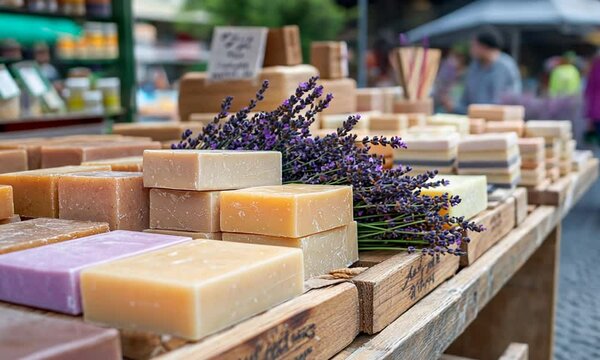 A display of artisanal soaps with lavender at a market.