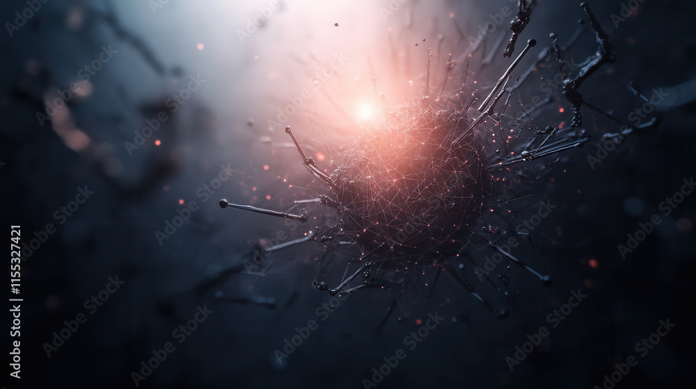Poster captivating network of soft 3d geometric figures, showcasing intricate connections and glowing eleme