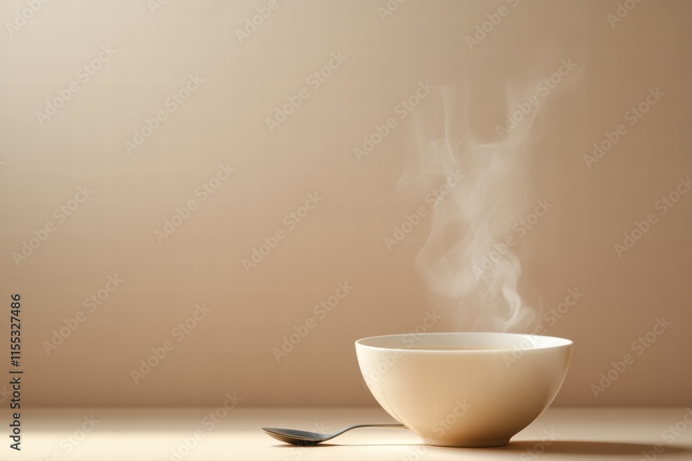 Poster warm soup bowl with steam spirals and a silver spoon against a minimalist backdrop inviting comfort 
