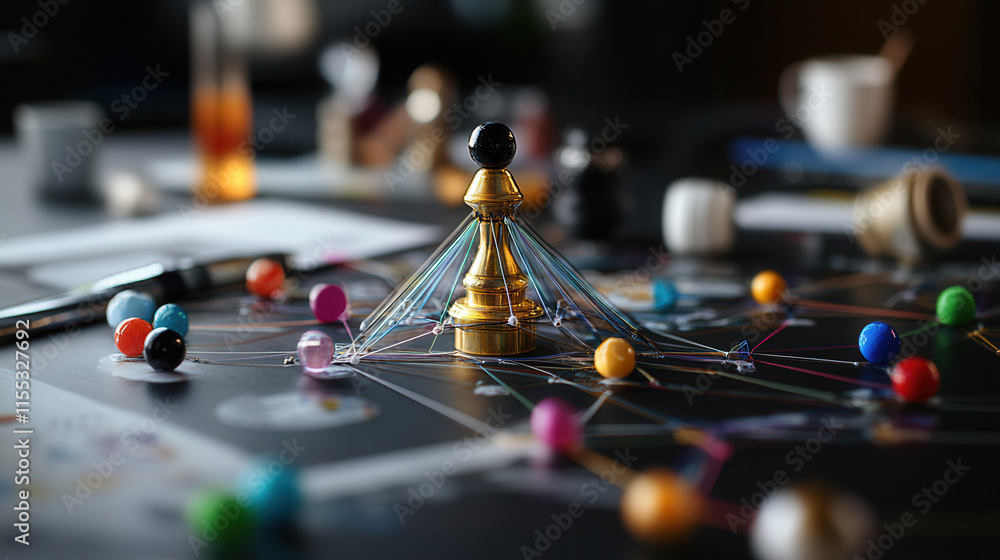 Poster interconnected system with colorful game pieces and central pawn. vibrant setup creates engaging atm