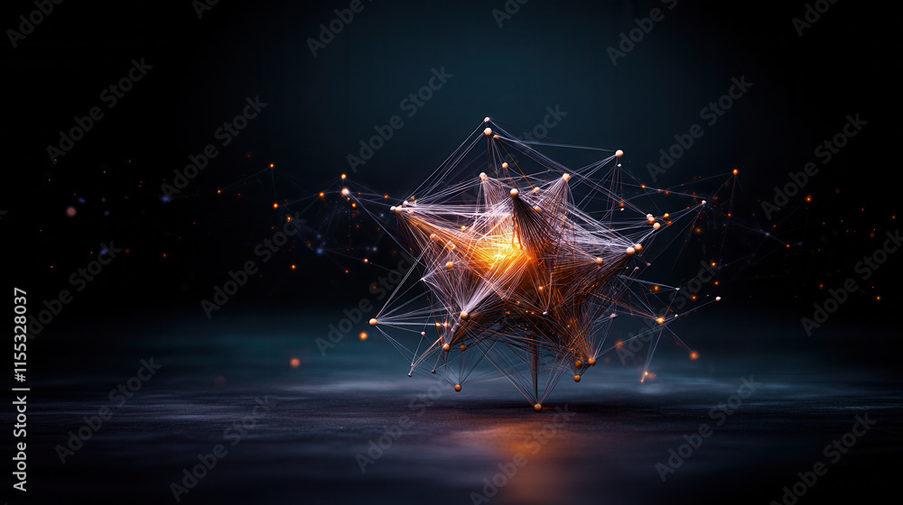 Poster glowing 3d star shaped figure with intricate connections and lights, creating mesmerizing visual eff
