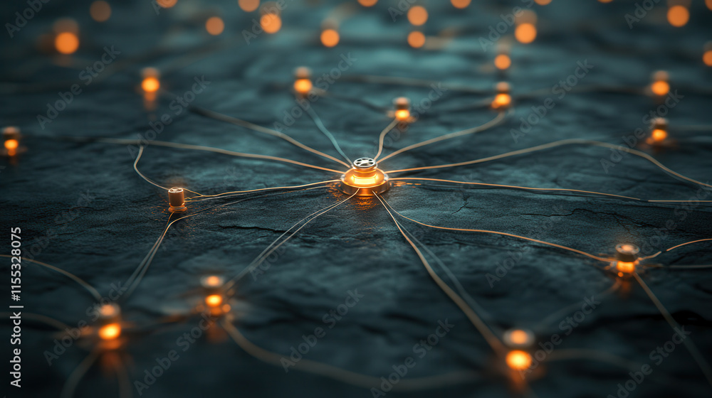 Poster glowing 3d star shaped central figure connected to multiple glowing nodes, creating network of light