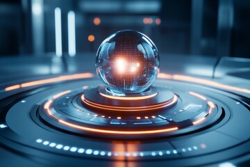 Futuristic glowing orb on a technological platform.