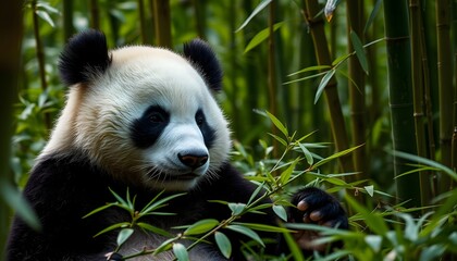 Obraz premium Adorable Panda Eating Bamboo in Lush Bamboo Forest