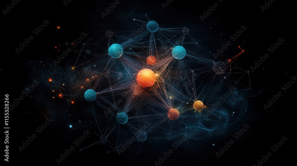 Poster glowing 3d star shaped central figure with connected particles, showcasing cosmic theme. vibrant col
