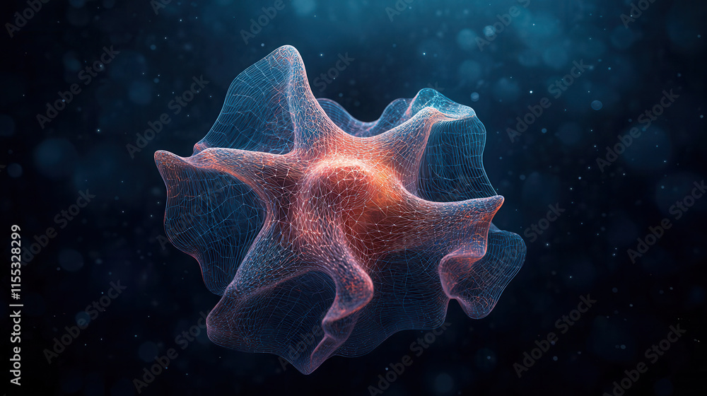 Poster glowing 3d star shaped figure with intricate mesh design, floating in space. vibrant colors and ethe