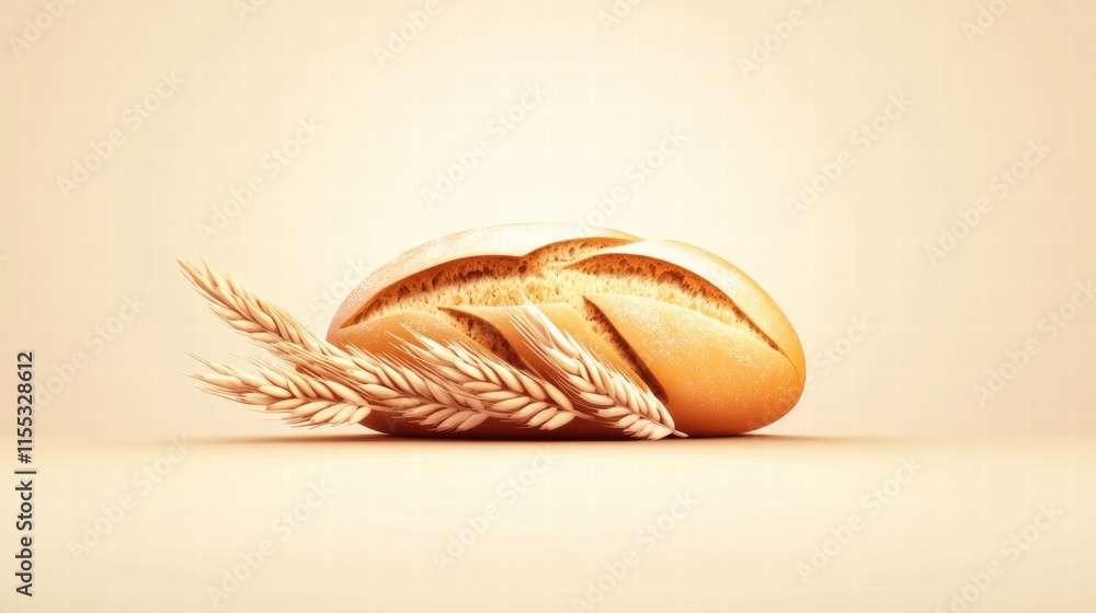 Poster minimalist bread loaf with wheat grains resting on a neutral background for template and mock up use
