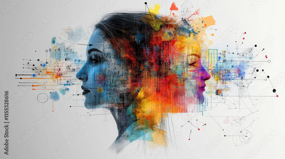 Poster artistic representation of two faces merging with colorful abstract elements, symbolizing creativity