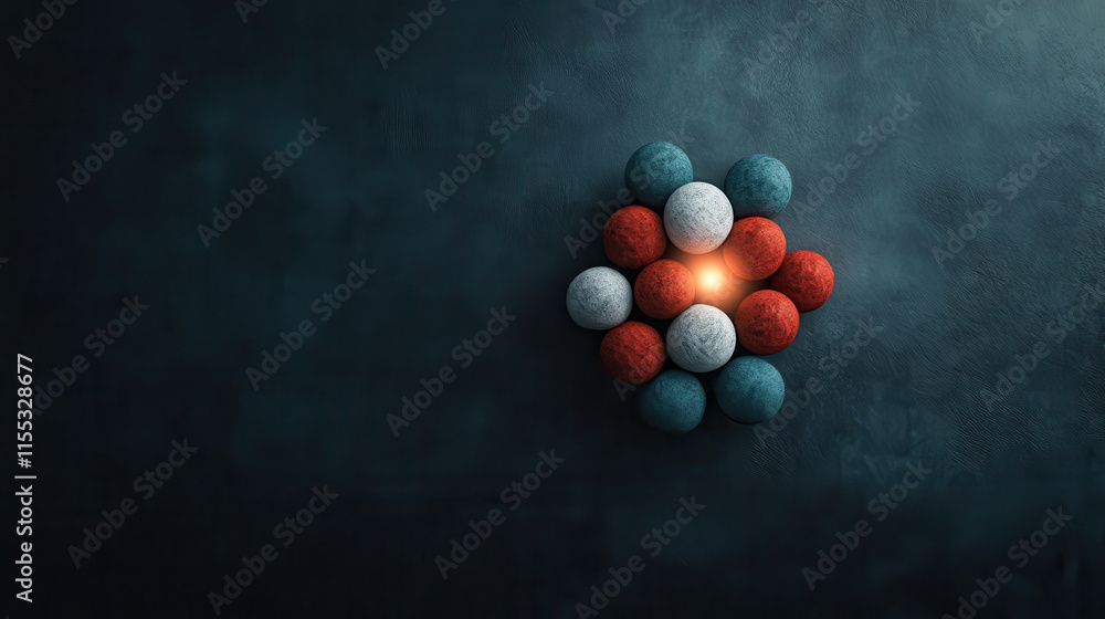 Poster 3d model of atomic structure with colorful spheres representing particles, showcasing teamwork in sc