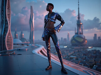 Fashion Model in Futuristic Clothing on City Rooftop